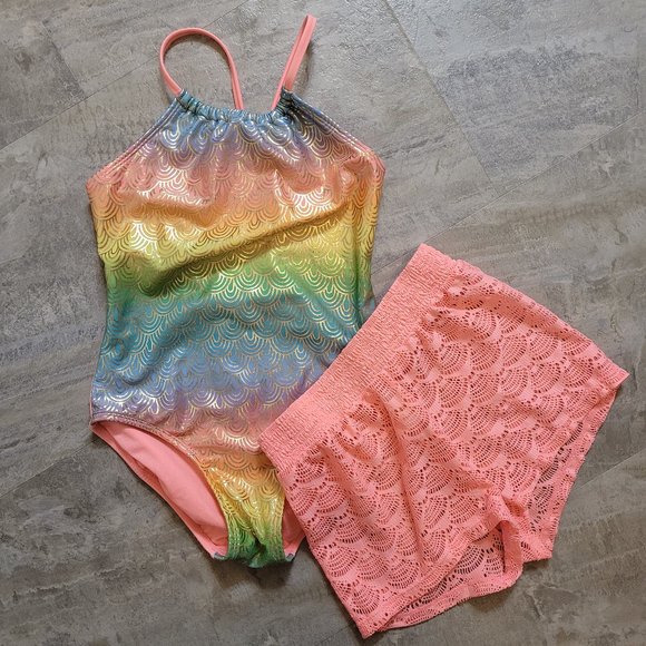 Cat & Jack Other - Girls Metallic Ombre Swim Suit w/ Matching coverup shorts size L